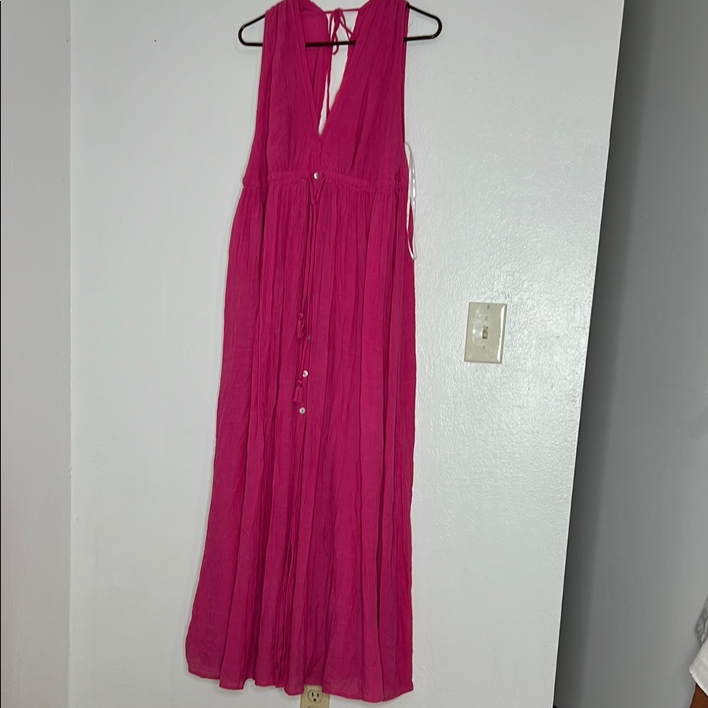 Lulus Maxi Dress Fuchsia Button Up Bottom Lined S… - image 1